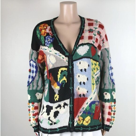 The Eagles Eye 1994 Vtg Chunky Knit Farm Cow Rooster Sheep Crop Cardigan Sweater - Picture 1 of 13